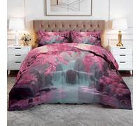 Fantasy Forest Waterfall Cherry Blossoms Coverless Duvet King Woman Summer Coverless Duvet, Romantic Art Microfiber Quilted Bedspreads Girl Romance Seeker Comforter Breathable Soft Duvets Set