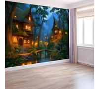 Fantasy Forest Wooden House Wallpaper, Stream Stone Bridge Murals 400 X 280 Cm Premium Non-Woven Wallpaper for Adults Kids Bedroom Living Room Lounge Tv Backdrop On Trend Print Murals Multicolor