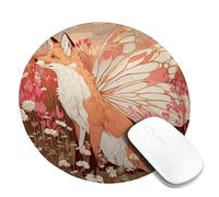 Fantasy Fox Floral Desk Mouse Pad, Peach Butterfly Design Stitched Edge Mousepad, Rubber Non-Slip Washable Gaming Mouse Pad for Home and Office Round 8x8 Inch