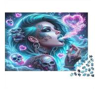 Fantasy Girl Art 1000 Pieces Jigsaw Puzzle for Adults & Children, Eco-Friendly Cardboard, Gothic Skull Gir, Brain Teaser Entertainment, Improves Hand-Eye Coordination 38x26cm/1000pcs