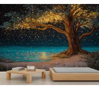 Fantasy Glowing Tree Mural Magical Night Landscape Mural Starry Night Wallpaper Fantasy Glowing Tree by The Lake 3D Wall Murals for Living Room Bedroom 390 x 260 cm