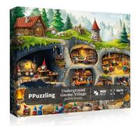 Fantasy Gnome Village Puzzles for Adults 1000 Pieces, Funny Forest Underground Gnomes House Art Jigsaw Puzzle, Challenging Hard Nature Cave Scene Puzzle