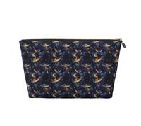 Fantasy Gold Blue Phoenix Print Makeup Bag, Cosmetic Travel Toiletry Bag for Women, Cute Leather Makeup Pouch Organizer