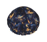 Fantasy Gold Blue Phoenix Print Shower Caps for Women, Reusable Double Layers Elastic Band Long Hair Bath Caps for Shower