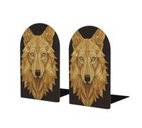 Fantasy Goldem Wolf Face Bookends For Shelves 2 Pcs Wooden Book Stopper Organizer For Home Office Libraries