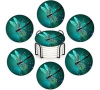 Fantasy Green Dragonfly Drink Coasters with Holder,Ceramic Coasters for Tables, Cork Backed Drink Mats for Coffee/Wine,Kitchen & Office Accessories