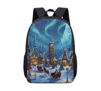 Fantasy Ice Castle Horse Carriage Snowman 17 Inch Backpack Whimsical Winter Wonderland Clock Tower Fairytale School Bag for Kids Teens Students (01)
