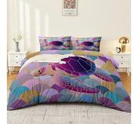 Fantasy Illustration Duvet Cover Set Print, Purple Reversible Soft Breathable Microfiber Bedding Set,Colourful Gradient Animal Turtle Duvet Cover, 135 x 200 cm with 2 Pillowcases for Kids Teens