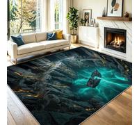 Fantasy Illustration Living Room Area rug 80 x 150 cm, Colourful | Machine Washable Non-Slip Short Pile Rug, Rock Canyon Shipwreck Cave Carpet for Bedroom Dining Room Home Office