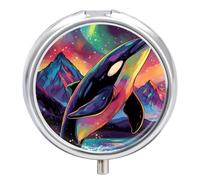 Fantasy Killer Whale Artistic Aurora Round Pill Box Organiser 3 Compartment Portable Medicine Case