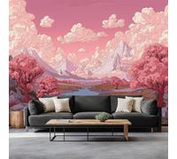 Fantasy Landscape Mountains Clouds Peach Blossoms Wallpaper Bedroom Kids Boys 3D Wallpaper Mural, Pink Kids Teens Room Poster Photo Wall Mural Themed Room Playroom 200 x 140 cm