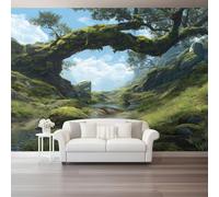 Fantasy Landscape Stream Rocks Photo Wallpaper - 150 x 105 cm (W x H) Wall Mural Wallpaper Home Bedroom Decoration, Green Furniture Sticker Renter Friendly Wall Paper for Living Room