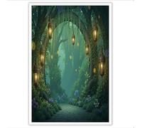 Fantasy Lantern Archway Canvas Wall Art, 30x40cm Unframed Posters Mysterious Forest Path Print On Canvas Artwork Wall Decor for Living Room Bedroom Home Office, Mint Green