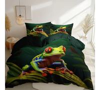 Fantasy Leaves Red Eyes Tree Frog Duvet Cover Set King Size, Soft Microfiber 3 Pcs Dark Green Reversible Bedding Set 230 x 220 cm - Easy Care Quilt Cover for Teens Girls Kids with 2 Pillowcase