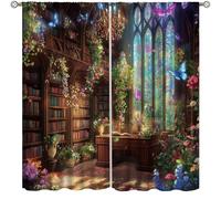 Fantasy Library Curtains for Kids 3D Bookshelf Magic Book Butterfly Print Medieval Stained Glass Fairy Tale Floral Print Windows Treatments for Boys Girls Bedroom Living Room 42x44.5In（No Blackout）