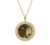 Fantasy Library Tree Books Necklace For Women Charm Circle Pendant with Crystals Dainty Jewelry