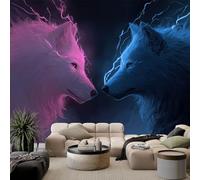 Fantasy Lightning Animal Pink Wolf Blue Wolf Wallpaper for Living Room Multicolour Wall Mural Art for Bedroom Decoration Poster - Non-Woven Premium Art Print Fleece Photo Wallpaper 300 x 210 cm