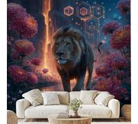 Fantasy Lion Floral Leaves Mural Hippie Geometric Golden Light Self-Adhesive Wallpaper 100x70 cm Digital Art Canvas Wall Paper for Bedroom Living Room Wall Mural Removable Stickers Dv86y