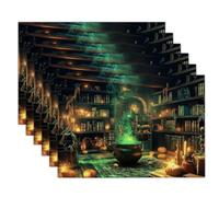 Fantasy Magic Style Big Pot Bookshelf Green Smoke Placemats 30 x 45 cm Set of 8 | Seasonal Fall Table Mats for Halloween Party Kitchen Dining Decoration Green