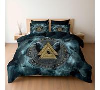 Fantasy Magic Viking Runes Raven Printed Duvet Cover, Reversible Dark Cyan Quilt Cover Bedding Super King Bed Set, Cosy Soft Hypoallergenic Non-Iron Comforter Covers with Pillowcases