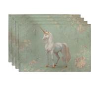 Fantasy Magical Horse Placemats, Green Floral Decorative Place mats for Dining Table, Non-Slip Washable Indoor Outdoor Party Tableware Set of 4