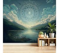 Fantasy Mandala Mountains Lake Scenery Photo Wallpaper for Living Room, Wall Mural 300 x 210 cm, Blue Photo Wallpaper for Bedroom Feature, Non-Woven Art Backdrop Creative Souls