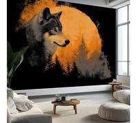 Fantasy Moonlight Wolf Forest Photo Wallpaper 300 x 210 cm Non-Woven Premium Fleece Wall Mural, Black Yellow Bedroom Dining Room Kitchen Living Room Decoration Poster