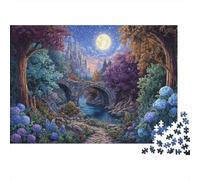 Fantasy Moonlit Bridge 1000 Piece Jigsaw Puzzle for Adults Castle Stone Bridge Full Moon Hydrangeas Challenging Hard Difficult Premium Thick Sturdy Vibrant Stress Relief 70x50cm/1000pcs