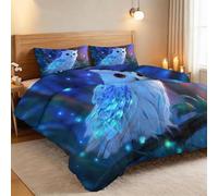Fantasy Moonlit Night Cartoon Owl Coverless Duvet Queen Size 10.5 Tog - Blue Reversible Machine Washable Quilt for Boys Girls Teenagers - Soft Anti-Allergy All Seasons Bedding with 2 Pillowcase
