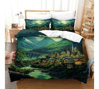 Fantasy Mountain Town Duvet Cover Set,Natural Landscape 3D Pattern Bedding Set Microfiber Quilt Cover 3pcs, Comforter Cover with Zipper Closure For Kids Boys Teen Bedroom Decor King(220x240cm)