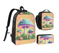 Fantasy Mushroom 17 Inch Backpack Lunch Bag Pencil Case Set, Cute Print, Durable Oxford Cloth.