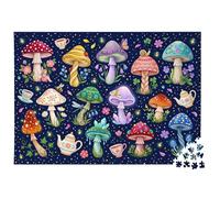 Fantasy Mushroom Garden Jigsaw Puzzle for Adults 500 Pieces, Whimsical Fairy Tale Illustration with Colorful Toadstools and Fireflies, Interlocking Pieces, for Nature Art Lovers