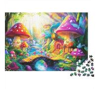 Fantasy Mushroom Village 1000 Piece Game Night Puzzle for Adults Mushroom Houses Stream Fairies Premium Thick Sturdy Vibrant Challenging Hard Stress Relief 70x50cm/1000pcs