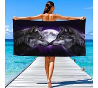 Fantasy Mysterious Beach Towel, Quick Dry Sand Free Lightweight Microfibre Beach Towels for Swimming Travel Holiday, Romantic Elegant Dramatic Animals Wolf Moon Towels 150 x 80 cm