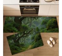 Fantasy Mystery Kitchen Rugs Set of 2, Anti Fatigue Forest Big Trees Path Kitchen Floor Mat for Home Decoration, Non Slip Absorbent Green Runner Rug Set, Comfort Standing Mats 50x80cm+50x180cm