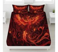 Fantasy Mythology Fitted Sheet Double Size, Fiery Flame Phoenix Divine Bird Bedding Set 30 cm Deep 2pcs with 3pcs with 2 Pillowcases for Kids Teens, Soft Microfiber Bed Cover 135 x 190 cm