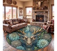 Fantasy Mythology Round Rug for Living Room 100 cm, Grey Blue Carpet | Washable Epic Legend Animal Dragon Flowers Circle Carpet for Bedroom, Soft Short Pile Non Slip Area Rug, Stain Resistant