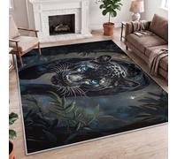 Fantasy Natural Flowers, Forest Cool Wildlife Leopard, Black Blue, Carpet, 160x230cm (5.3x7.6ft) Machine Washable Non-Slip Printed Polyester Area Rug for Living Room, Bedroom, Playroom