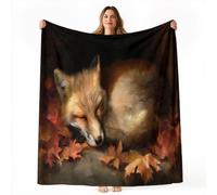 Fantasy Nature Printed Soft Throw Blanket for Kids Boys Girls, Cave Fox Leaves Flannel Plush Blankets 220 x 240 cm, Orange Yellow Cosy Lightweight Blanket for Bedroom Living Room Travel, Super King