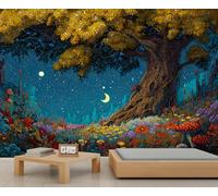 Fantasy Night Forest Mural Colorful Mushroom Floral Mural Starry Sky Landscape Wall Murals Large Ancient Tree Wallpaper for Living Room Bedroom 350 x 256 cm