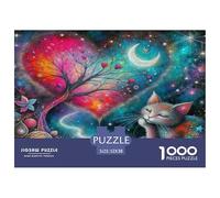 Fantasy Night Scene 1000 Pc Puzzle Game for Men Women - Cosmic Cat Moon Dreamy Psychedelic Whimsical The Whole Family Activity Educational Game Challenge52x38cm/1000pcs