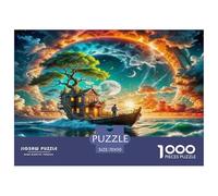 Fantasy Night Scene Jigsaw Puzzle Boat Treehouse Under Moonlit Sky 1000Pc for Adults Quaint Church Historic River Tour Fun Present & Activity for Home 70x50cm/1000pcs