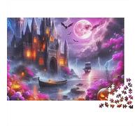 Fantasy Night Scene Jigsaw Puzzles 1000 Pieces for Adults Spooky Castle with Pumpkin at Night Premium Thick Sturdy Vibrant Challenging Stress Relief Family Game Gift 70x50cm/1000pcs