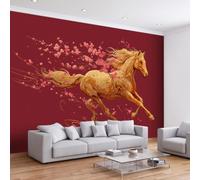 Fantasy Oriental Animals Self Adhesive Photo Wallpaper 350 x 256 cm | Wall Mural Decorative Wall Background Gold Horse Cherry Blossoms for Living room Bedroom Kitchen Office