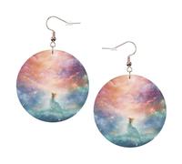 Fantasy Paradise Space Print Round Leather Earrings for Women, Lightweight Dangle Drop Hoop Jewelry Set KC Gold,Birthday Party Gift