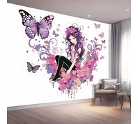 Fantasy Photo Wallpaper Nursery 400 X 280 Cm Purple Flower Clusters Colorful Butterflies - Non-Woven Premium Art Print Fleece Wall Mural Decoration Restaurant Hall Living Room Hallway