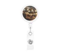 Fantasy Pirate Ship Badge Reel Retractable Badge Holder with Keychain Funny ID Clips for Badges Lightweight Plastic Name Card Holders for Nurses Office Teacher