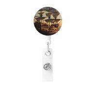 Fantasy Pirate Ship Badge Reel Retractable Badge Holders Lightweight ID Badge Reels Cute Nurse Name Card Holder with Keychain Funny ID Badge Clip for Men Women