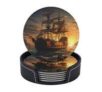 Fantasy pirate ship Coasters for Drinks Set of 6 Leather Drink Coasters with Holder Heat Resistant Bar Coasters Round Cup Mat Pad Cute Cup Coaster for Hot Cold Drink Kinds of Cups