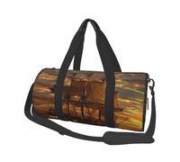 Fantasy Pirate Ship Large Round Travel Duffle Bag, Full-Print Canvas Weekender with Padded Lining, Multiple Pockets,Detachable Shoulder Strap and Soft Leather Handles